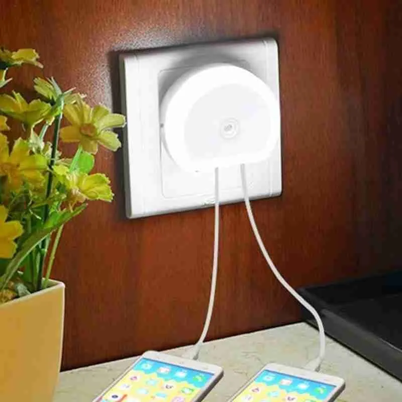 

110V-240V US EU UK Plug in LED Night Light Dual USB Port Charger Lights Home Bedroom Lighting Emergency Sensor Lamp Night Lamp