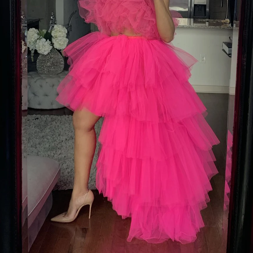 

Hi low Tutu Skirt Custom Made Party Adult Skirt Layered jupe femme Hot Pink Maxi Women Skirts Tulle Elastic Band Floor Length