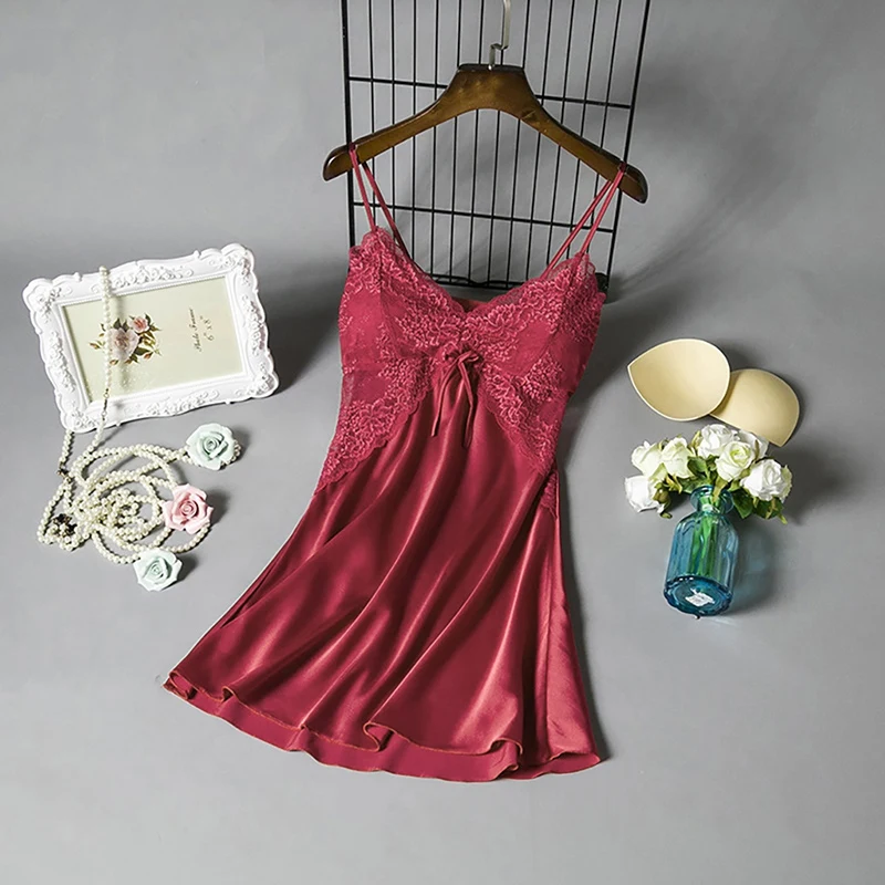 

Summer Lace V-neck Nightdress Sexy Women Night Dress Sling Bow Mini Nightgowns