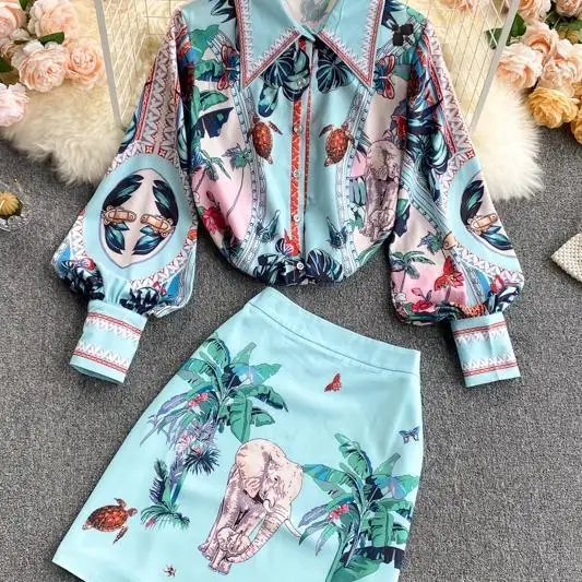 

2021 spring new Lapel bubble sleeve shirt + high waist slim skirt retro printing set