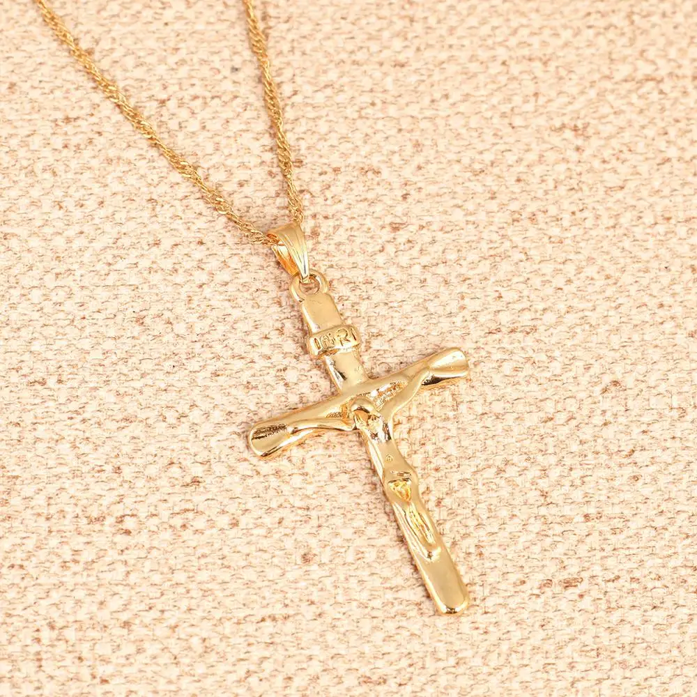 Цепочка с подвеской крестом золотого цвета инри Иисус распятие христианство