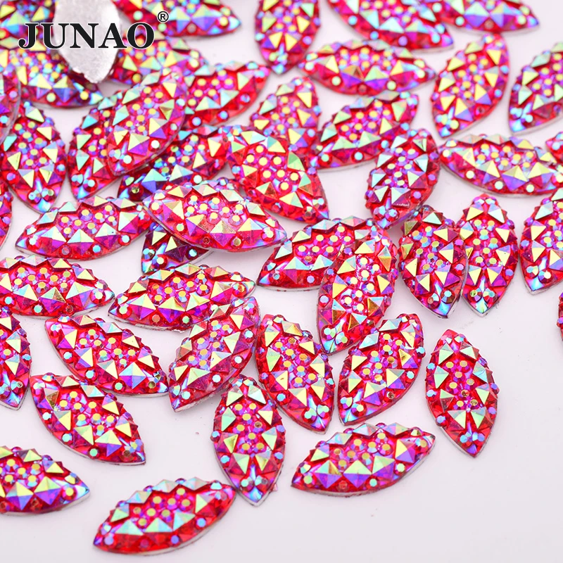 

JUNAO 100Pcs 7*15mm Red AB Horse Eye Rhinestones Flat Back Resin Gems Crystal Applique Non Sew Strass For Clothes Accessories