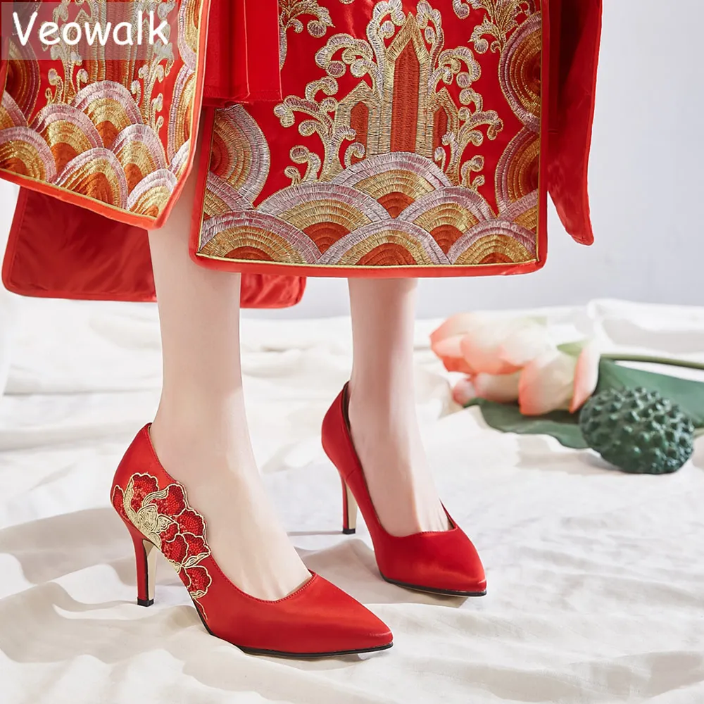 Veowalk/женские свадебные туфли Красного цвета на высоком каблуке 7 см с шелковой