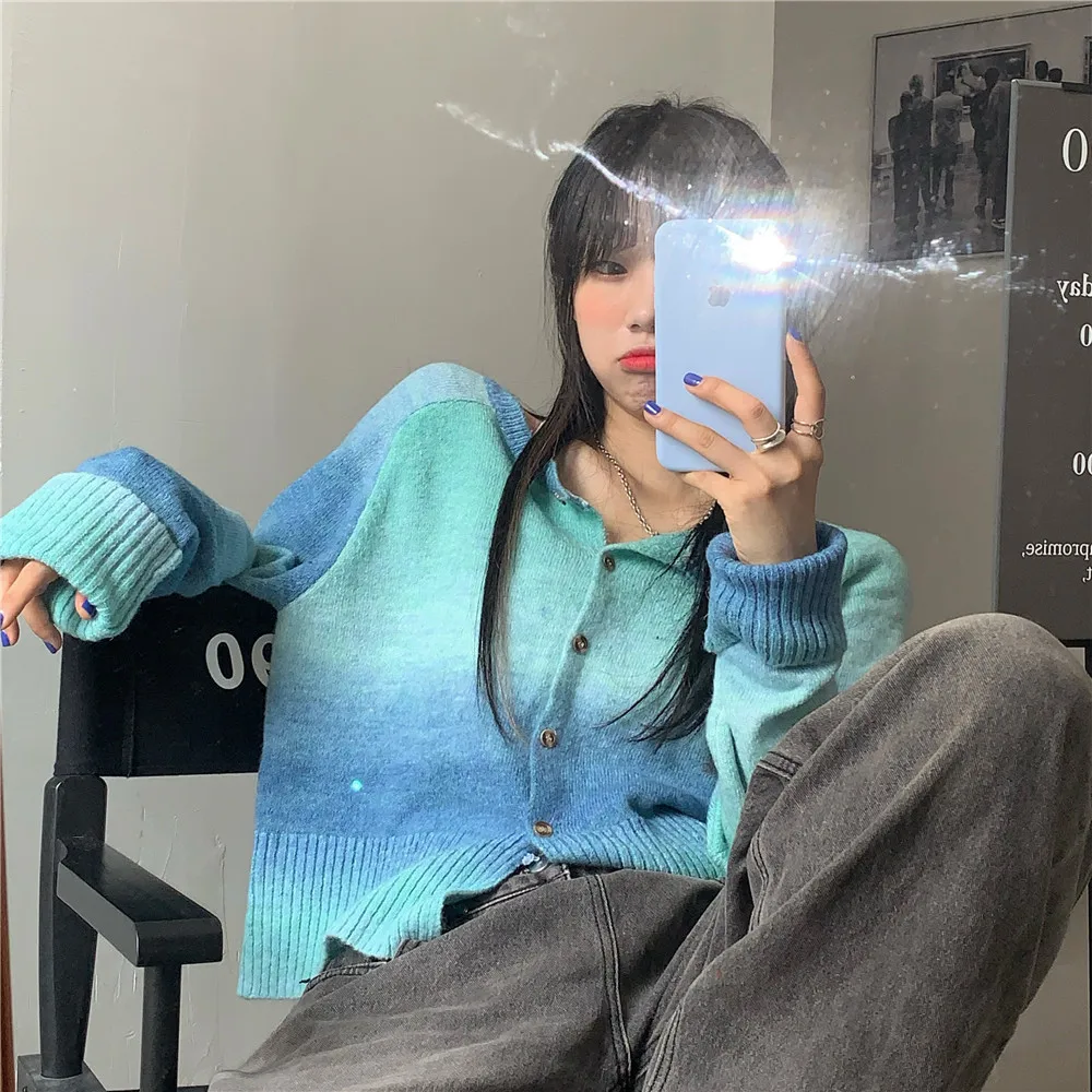 

GoneGoing 2021 Spring New Women Tie dye Sweater Korean Loose Korean Long Sleeve Ladies Blue Casual Cardigans