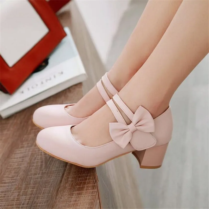 

Туфли женские кожаные с бантом, туфли-лодочки в стиле "Лолита", туфли-лодочки на квадратном каблуке, свадебные туфли для невесты, розовые, 31-43