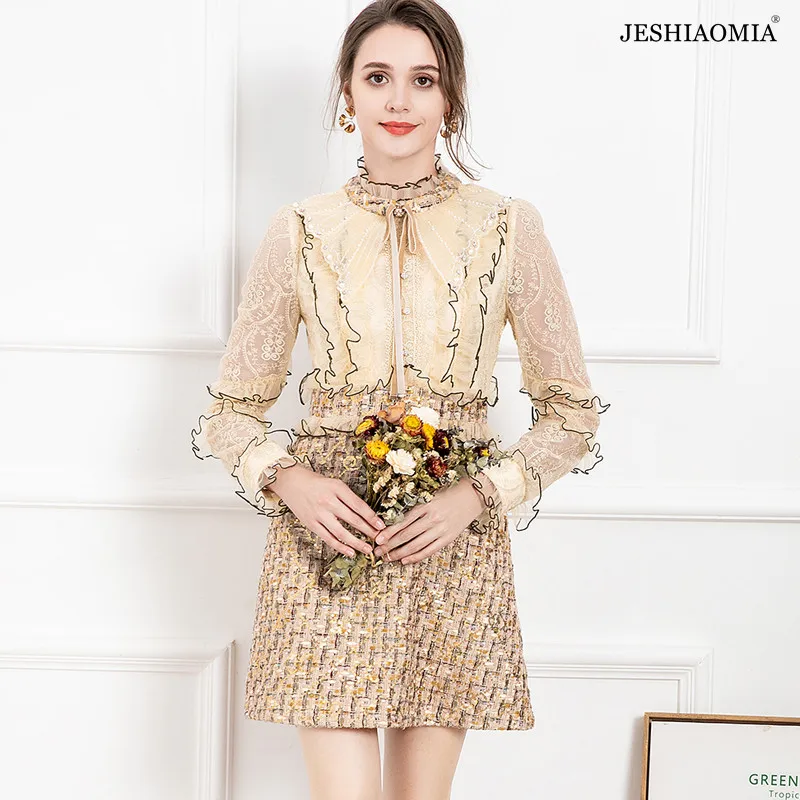 

JESHIAOMIA- 2021 Autumn Ruched Collar Ruffle Long Sleeve Patchwork Dress