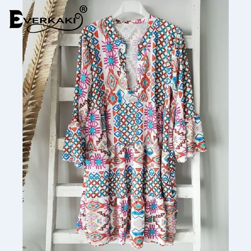 

Everkaki Casual Mini Dresses Women Boho Floral Print Summer Beach Holiday Plus Size Party Short Dress Vestidos Female 2021 New