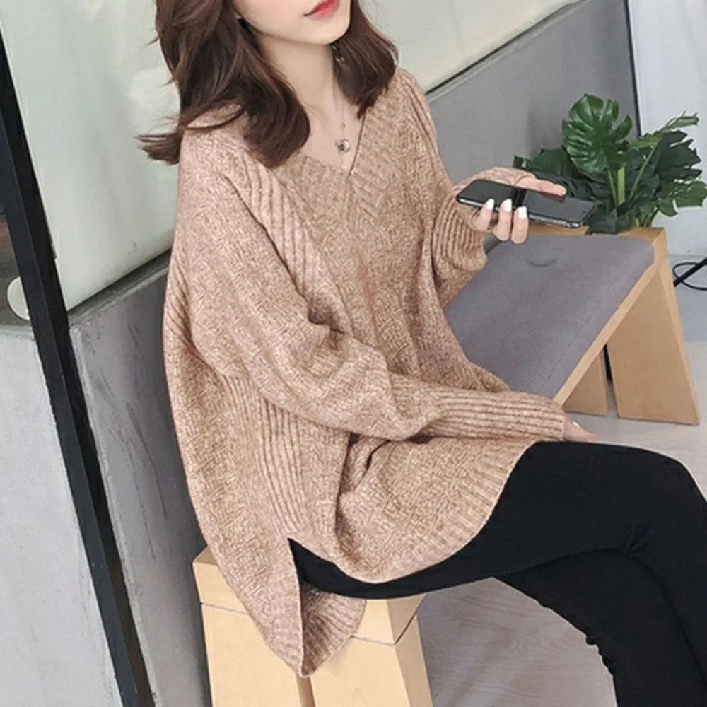 

Soft Sweater 2021 New V-Neck Long Sleeve Pullover Single Pullover Plain Pattern Loose For Office Lady Fashion Simple Lady Tops