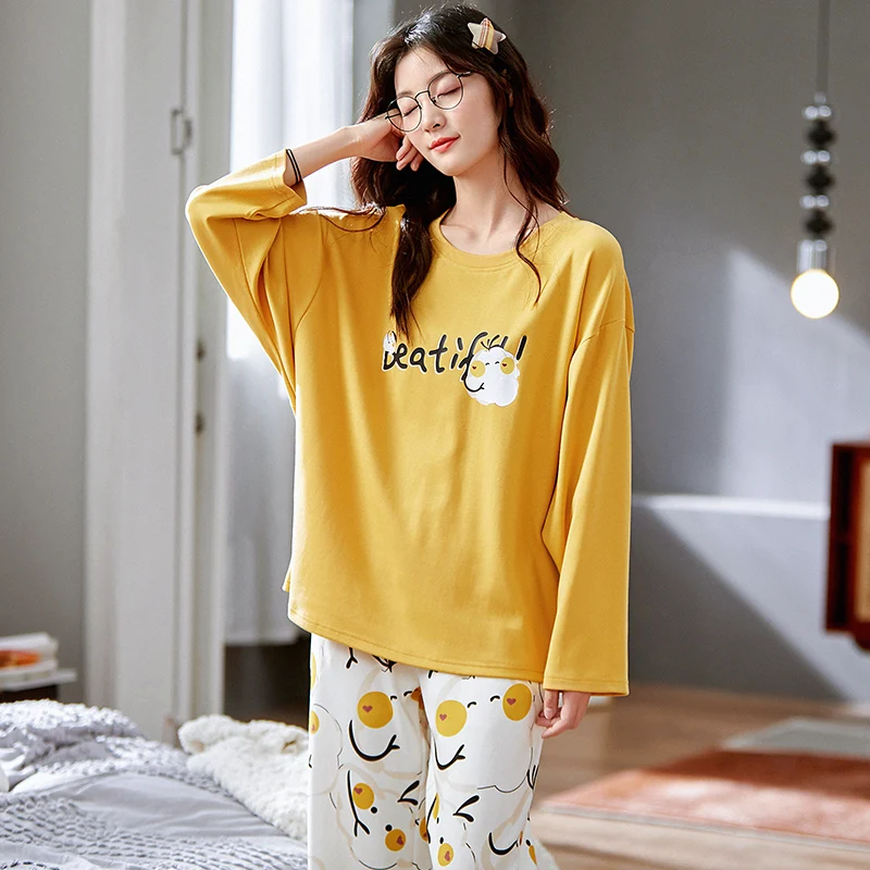 

Plus Size Sleepwear for Women O-Neck Yellow Long Sleeve Autumn Sleepwear Women Cotton Two Pieces Sets Cute Cartoon Print Pajamas