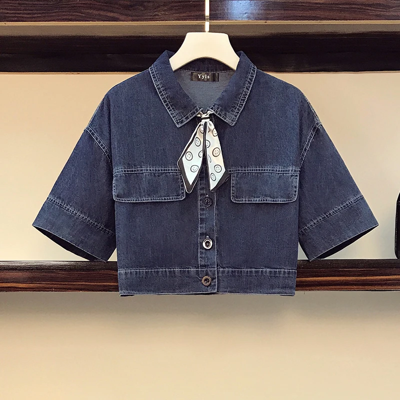 

Summer 2021 Suit New Big Yards Fashion Tooling Cowboy Outfit Crop Top Pants Short Coat Denim 2 Pcs Set Clothing Leisure