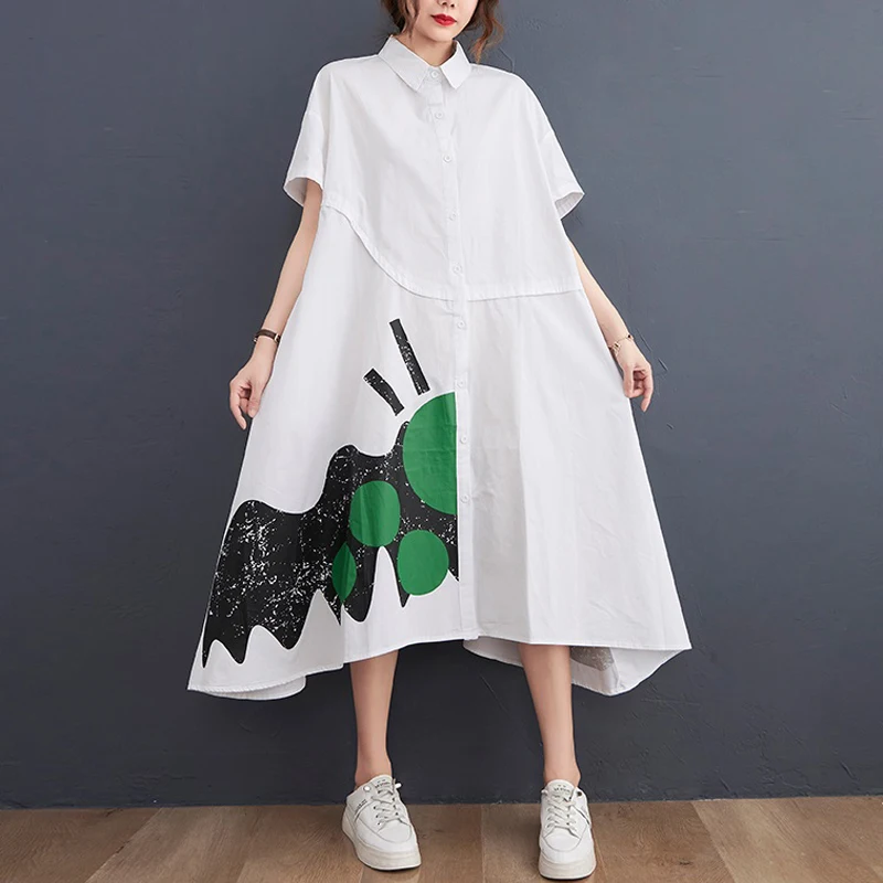 

Vestidos De Verano 2022 New Summer Fashion Print Runway Midi Shirt Dress Woman`s White Short Sleeve Cotton Elgant Loose Dresses