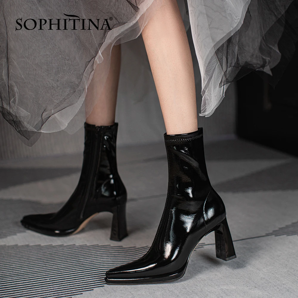 

SOPHITINA Retro Lady Short Boots Pointed Toe Stretch Handmade Shoes Autumn Premium Leather Zipper High-heeled Women Boots DO889