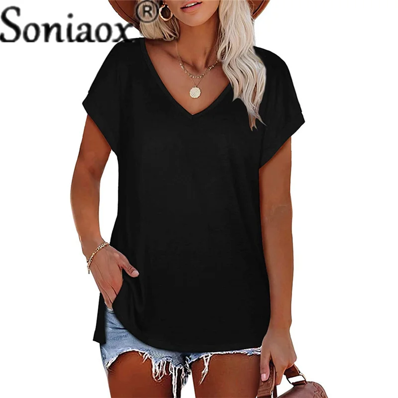

2021 Summer Women Solid Color Split V-Neck Short-Sleeved T-Shirt Ladies Fashion Casual Loose Streetwear Elegant Tee-Shirts Tops