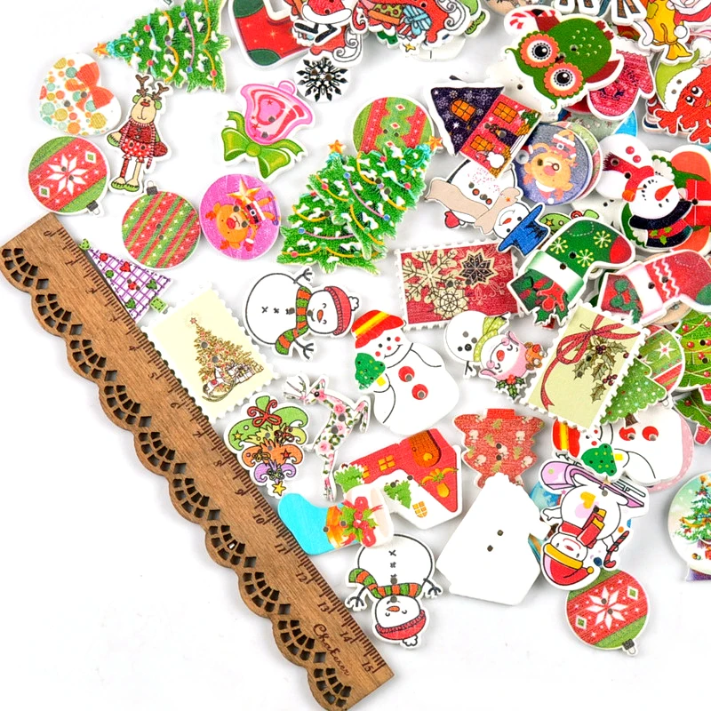 50 шт Случайные смешанные деревянные кнопки Рождественский узор скрапбук