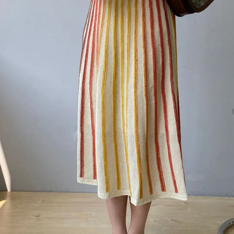 

2021 Autumn Striped Hollow Out Knitted Skirt Women A-Line Midi Skirt Stretch High Waist Women Skirt Femme Faldas Jupe Saia