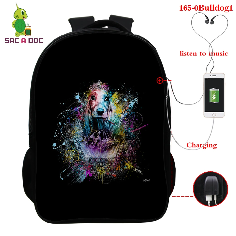 

Back To School 3D Print Bulldog Schoolbag USB Charging Laptop Backpack Bulldog Animal Print Travel Backpack Men Book Bag Mochila