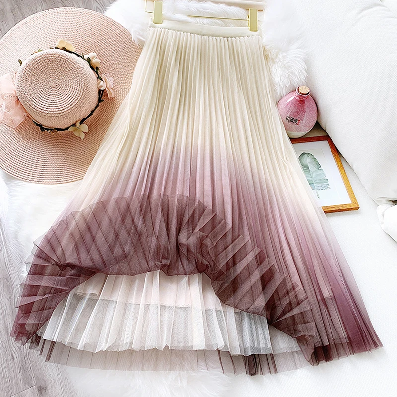 LYZCR Женская Тюлевая плиссированная юбка миди синие Лоскутные юбки с высокой