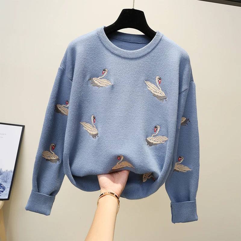 Вышивка гусиный логотип о-образный вырез свободный длинный рукав Модный зимний