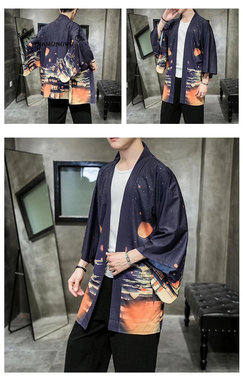 Yukata Кимоно Кардиган для мужчин японское кимоно для мужчин принт Азия кимоно костюм для косплея Топ пляжное тонкое повседневное пальто Солнцезащитная рубашка