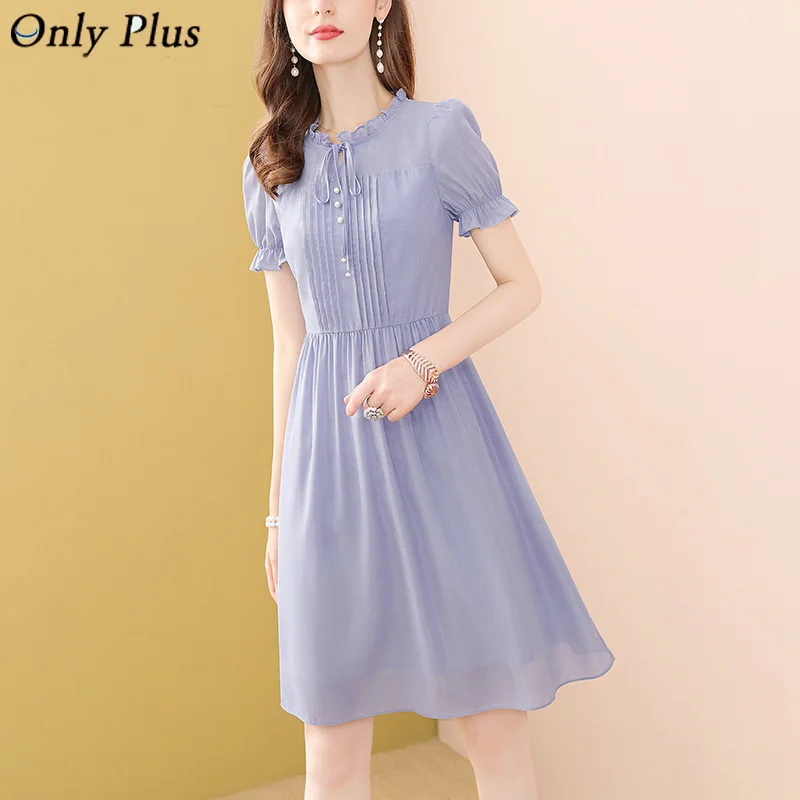 

Only Plus Blue Puff Sleeve Chiffon Dresses Summer Solid Elegant Holiday Party Dress Women A-Line Slim High Waist Bow Pleat Dress