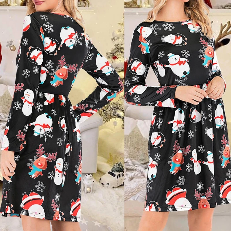 

Women Christmas Long Sleeve O-Neck Cartoon Swing Flared Loose Midi A-Line Dress