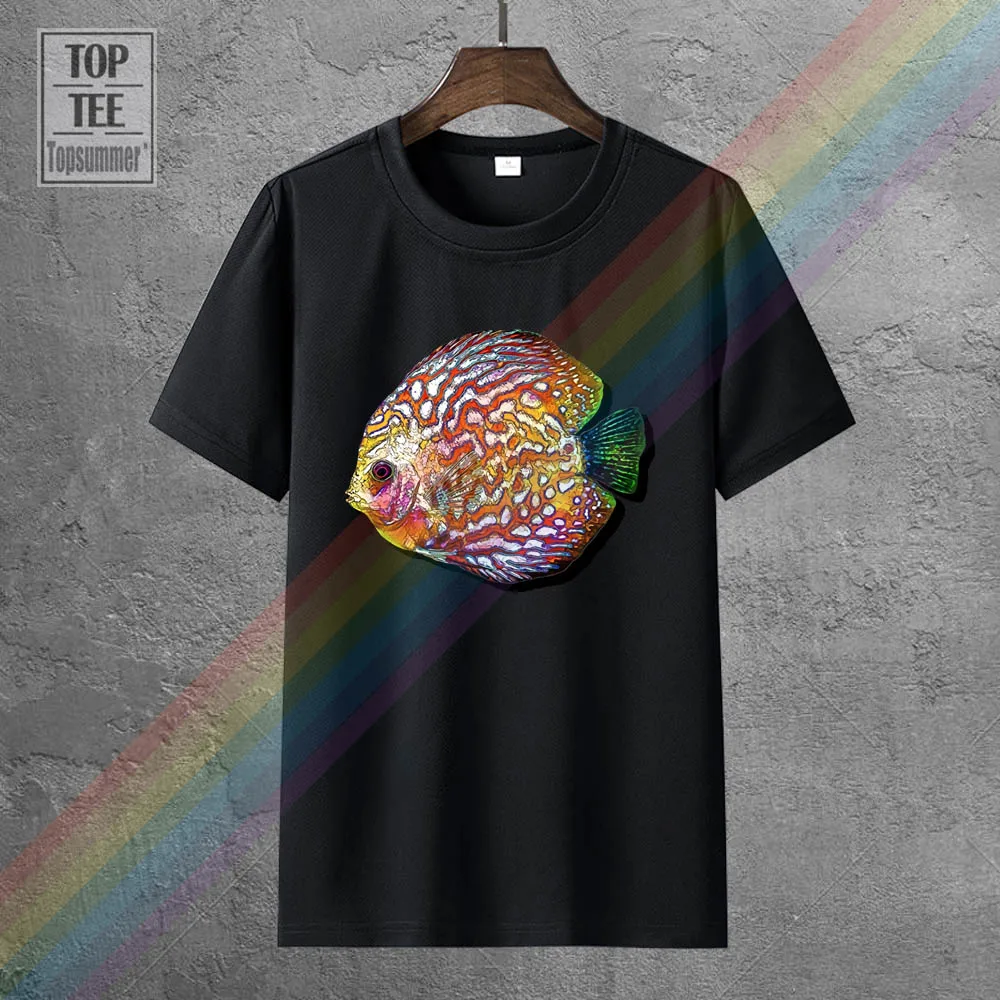 

Psychedelic Colorful Discus Fish Vintage Retro Cool T Shirt Summer Short Sleeves Cotton Fashiont Shirt Men O Neck Tee Shirt