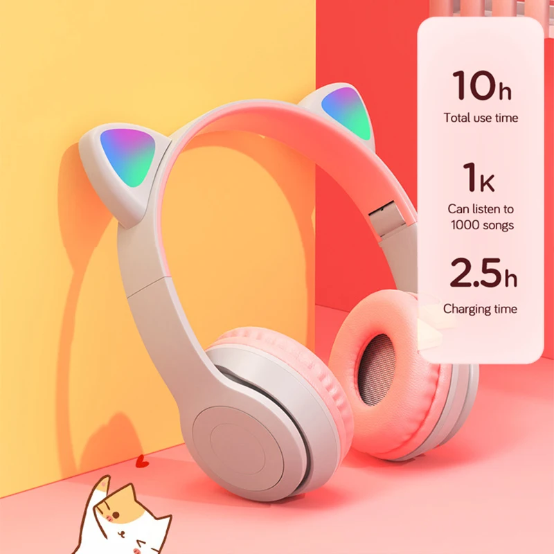 

New RGB Cat Ear Headphones with Mic Foldable Bluetooth 5.0 Bass Noise Cancelling Adults Kids Girl Headset Support TF Card Gift