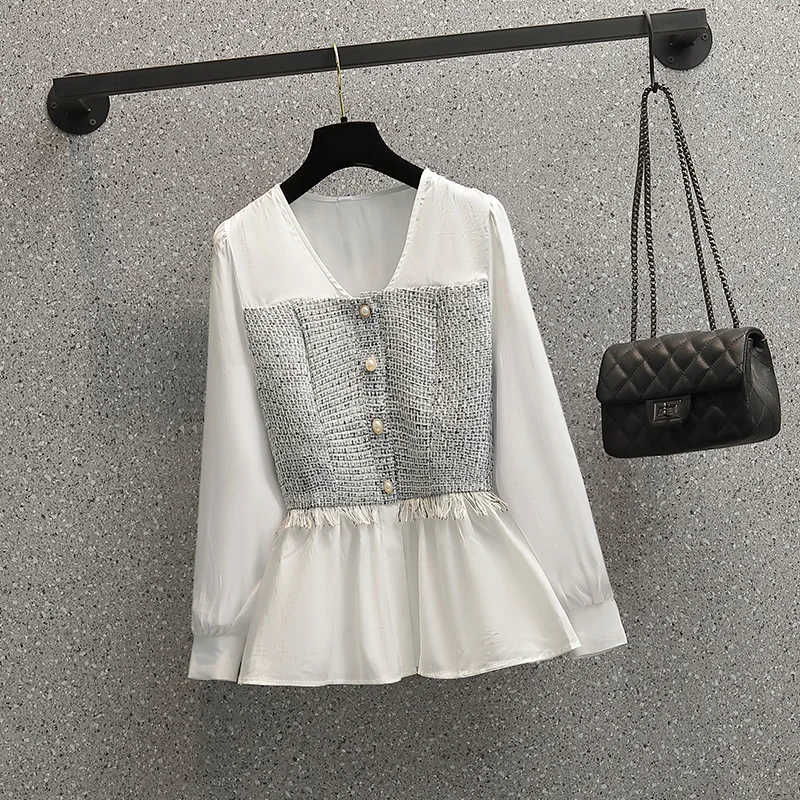

JSXDHK Fashion Autumn Tassel Shirts Elegant Women V Neck Pearl Button Plaid Tweed Patchwork Chiffon White Loose Blouses M-4XL