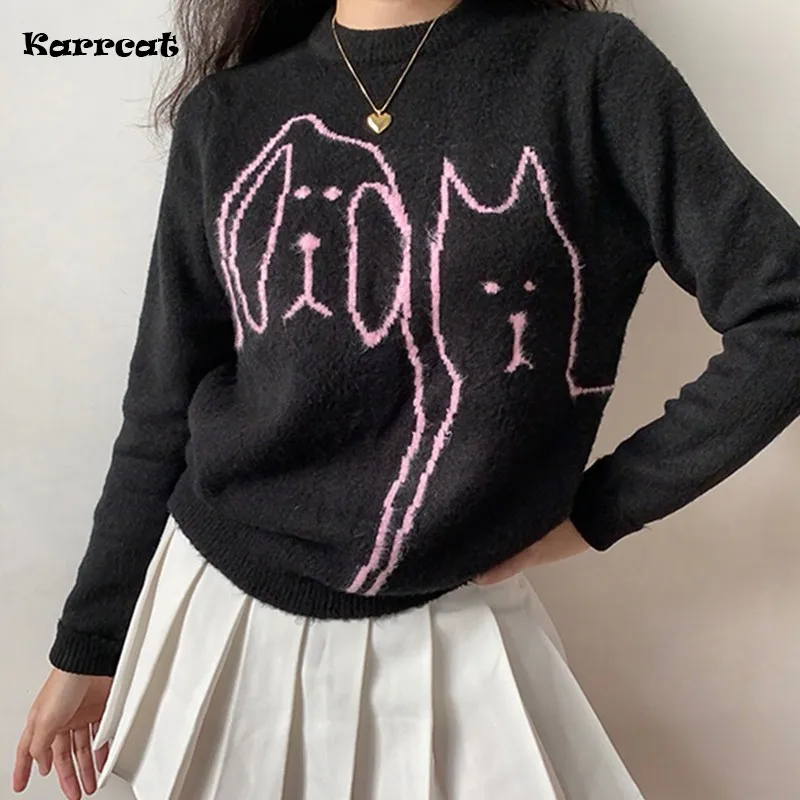 

Женский винтажный вязаный свитер Karrcat, свободный черный пуловер в Корейском стиле, Осень-зима, японская кавайная трикотажная уличная одежда