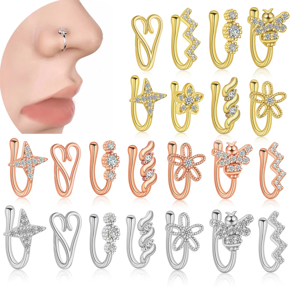 

1PCS Women Coppery Spiral Fake Nose Ring Cuff Non Piercing Nose Ring Clip on Fake Nose Piercing Jewelry Crystal Ear Cuff gift