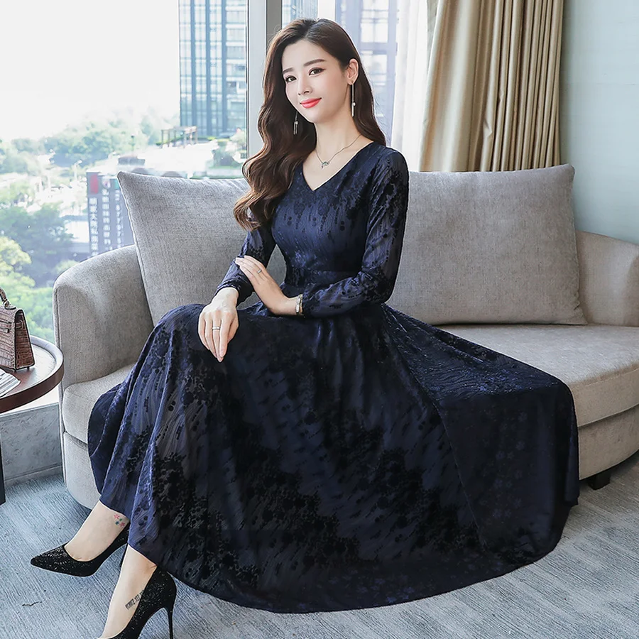 Винтажные однотонные платья миди Осень зима 2020 Женское Платье макси с длинным