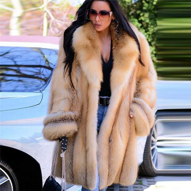 

100cm Long Real Gold Island Fox Fur Coat with Lapel Collar 2021 Winter New High Quality Plus Size Woman Genuine Fox Fur Coats
