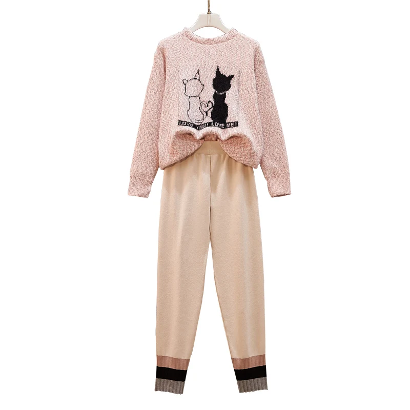 

New winter sets cats more loose knit two-piece suit show thin knitting leisure long pants