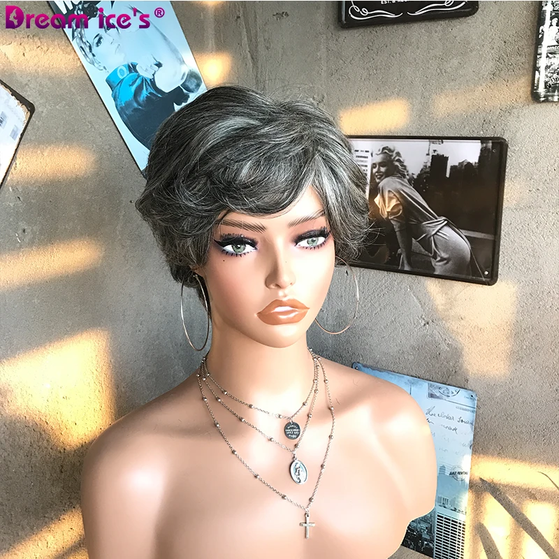 

Серый синтетический парик омбре с челкой для белых женщин, смешанные импортные волосы из высокотемпературного волокна, натуральные волнис...