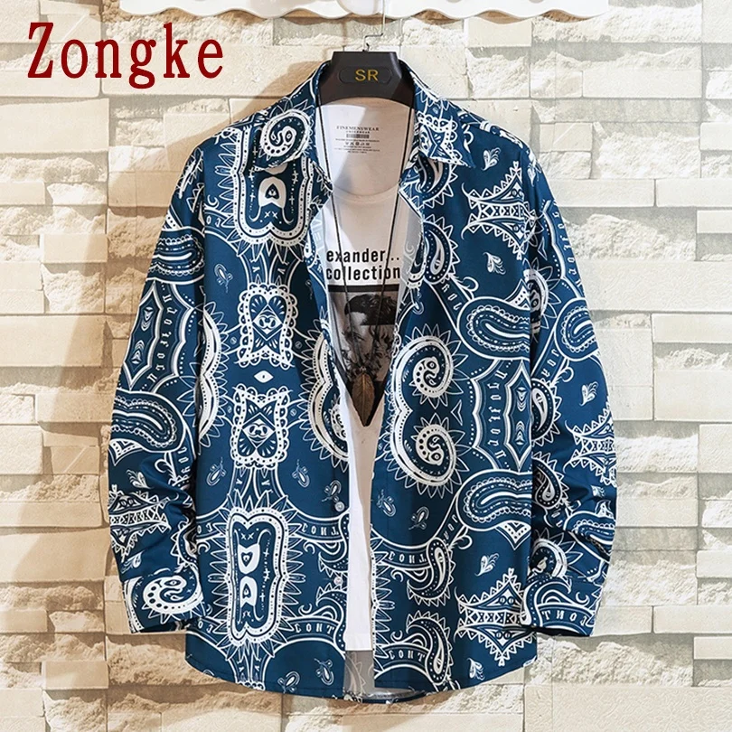 

Zongke National Style Mens Shirt With Print Vintage Shirt Men Shirts For Mens Clothes Harajuku Blouse M-5XL 2021 New