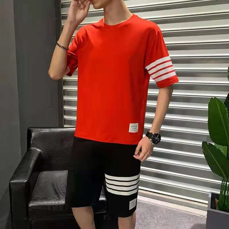 

2021 Spring And Summer Men Leisure Round Collar Exercise Striped Shirt + Loose Shorts Suit Two-Piece Outfit