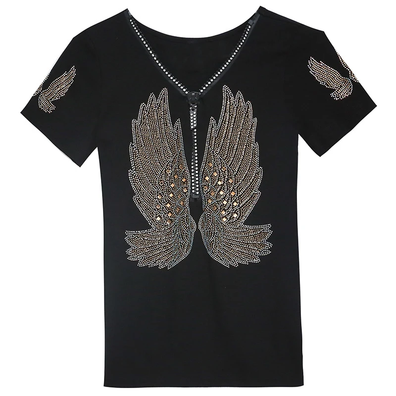 

Europe Hot Fix Rhinestone T-Shirt Women Short Sleeve Fashion All Match T-shirts Slim V-Neck Streetwear Tops Personality Tees