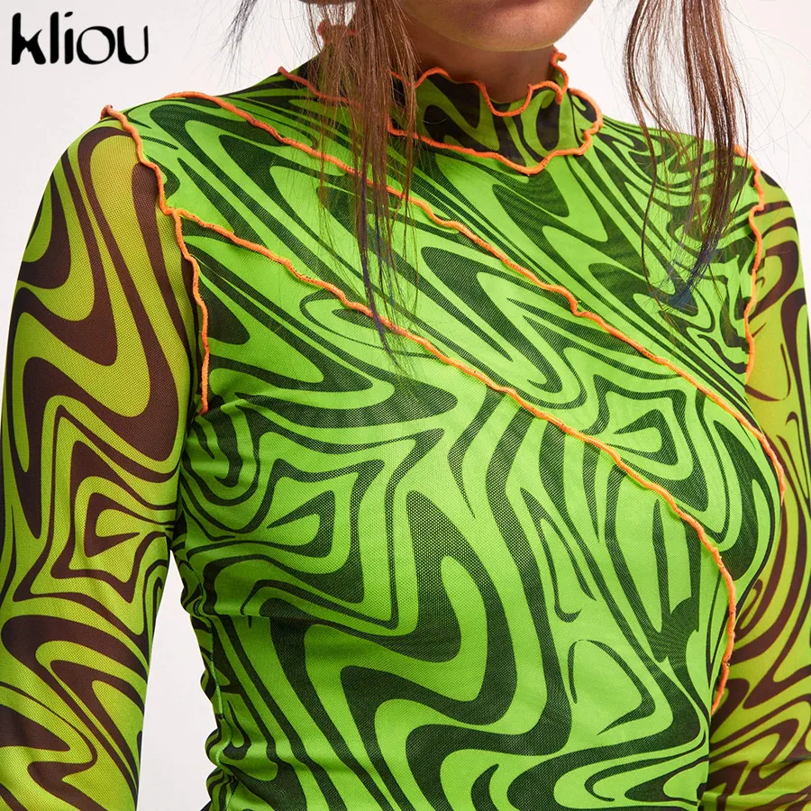 Kliou Fall Sexy Club Dresses women Fashion Print High Neck ruffles Long Sleeve Mini slim Bodycon Dress sexy mesh fabric