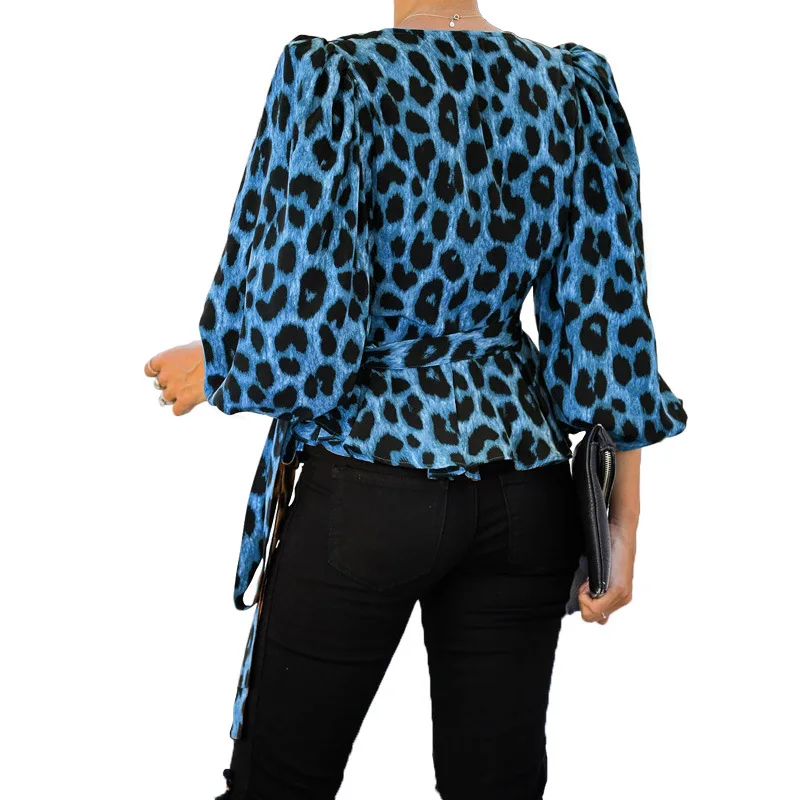 

Women Loose Leopard Print Top Lantern Sleeve V Neck Blouse Large Size