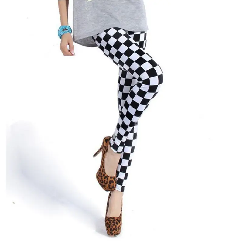 

Womens Black White Checkered Plaid Printed Mid Rise Ankle Length Basic Skinny Tights Casual Sports Pencil Pants