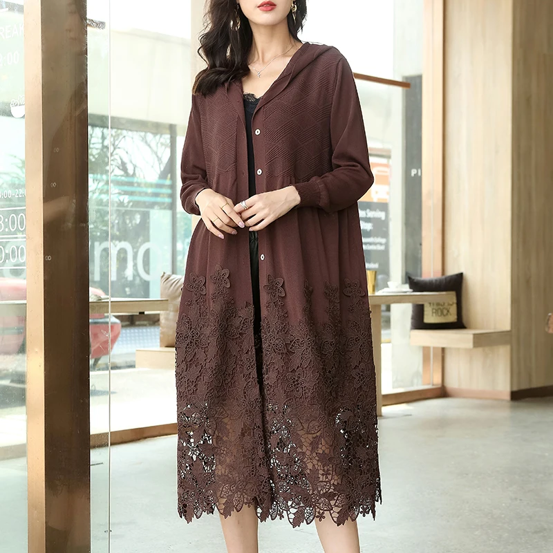 

Woman Hooded Long Trench Coat Winter Autumn Plus Size Lace Patchwork Embroidery Single Breasted Outwears Trenches Coats 882051