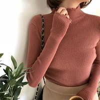fashion ruffles sweater women turtleneck ruched sweaters elastic slim long sleeve top knit pullover autumn winter womens clothes