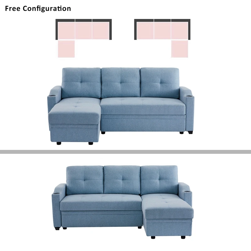 

Sofa Bed Reversible Sectional Couch With Storage Chaise And Two Cupholders For Living Room Furniture Set