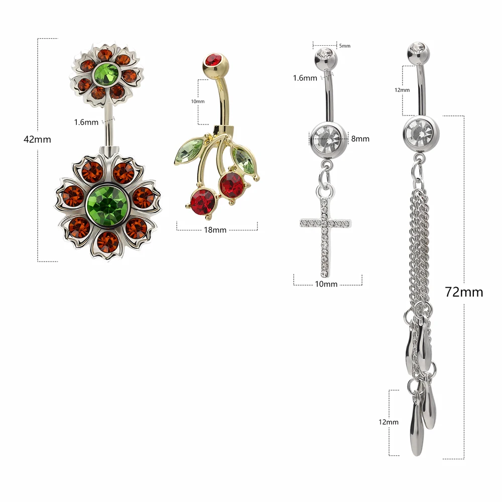 

Cherry Red Belly Piercing Rings Zircon Navel Rings Dangle Cross Chain Surgical Stainless Steel Ombligo Rings Body Jewelry