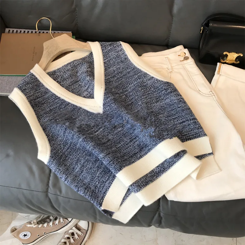 

French Style Hit Color V Neck Ribbed Sweater Vest Short Front Long Back Sleeveless Knits pull sans manche women vest
