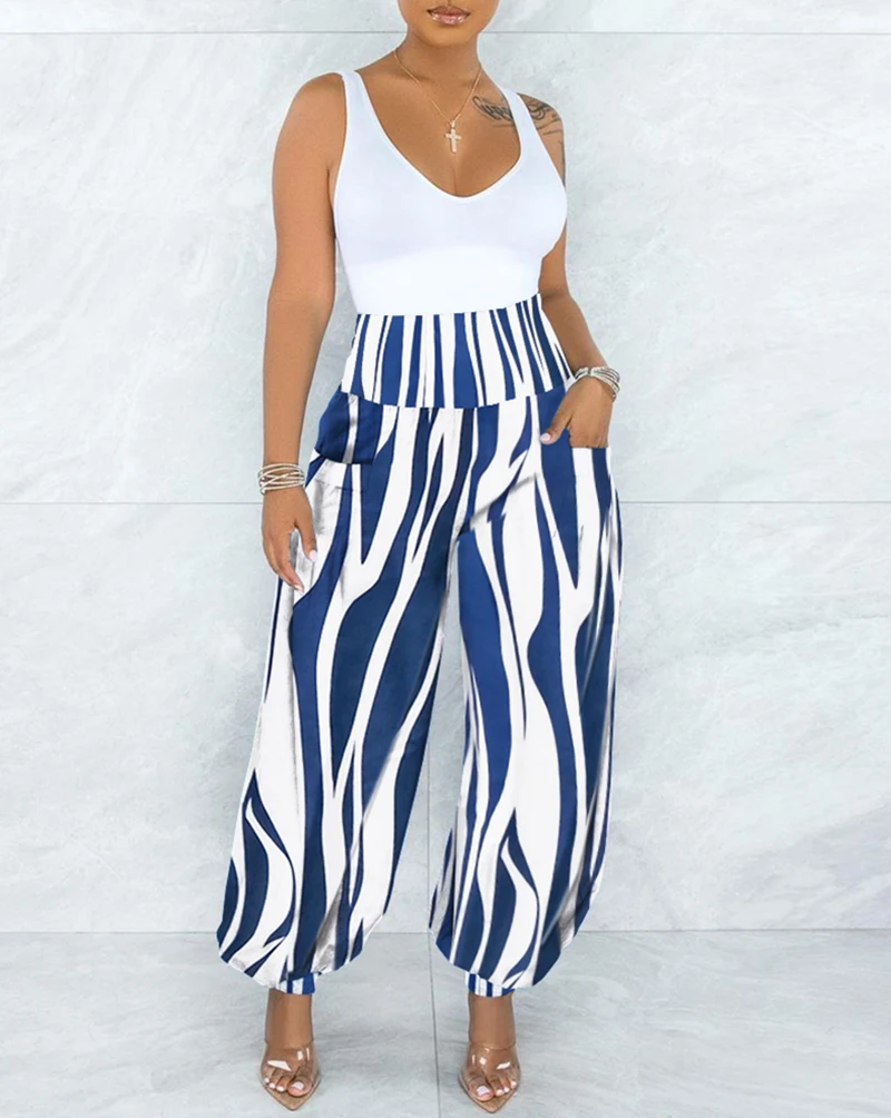 

Женские шаровары в европейском и американском стиле с высокой талией и полосатым принтом, свободные штаны и повседневные женские брюки