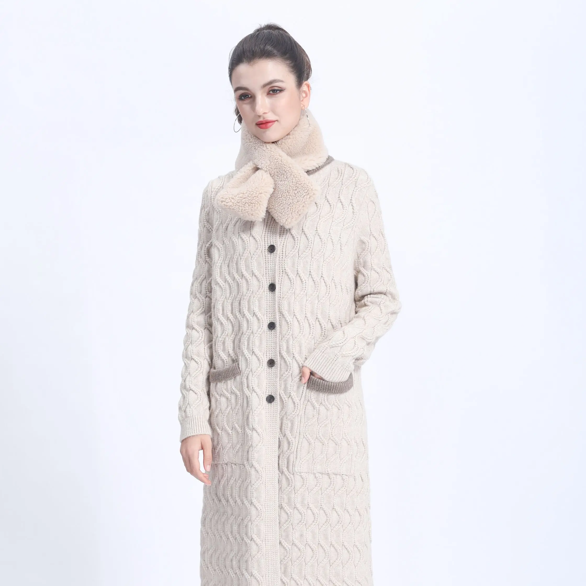 

2021 Fashion Autumn Winter Knitted Cardigan Sweater Ladies Long Designer Women Multicolor O-neck Collar With Scarf