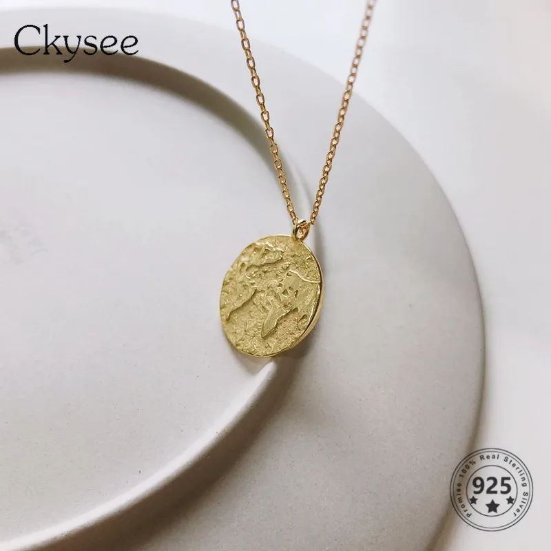 

Ckysee New 925 Sterling Silver Coin Pendant Necklace For Women Girlfriend Simple Gold Color Vintage Fashion Jewelry