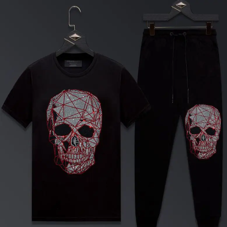 

2021 New Men Sets Fashion Sporting Suit Brand Hot drill Mens Clothing 2 Pieces Sets Slim short Sleeve Tracksuit