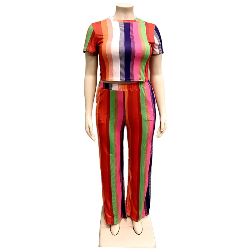

Plus Size Striped Print Women's Set Short Sleeve Crop Top And Stright High Waist Pants 2 Piece Sets Summer Elegant Casual Suits